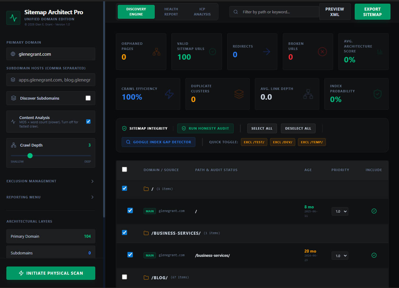 Sitemap Pro Discovery Engine dashboard